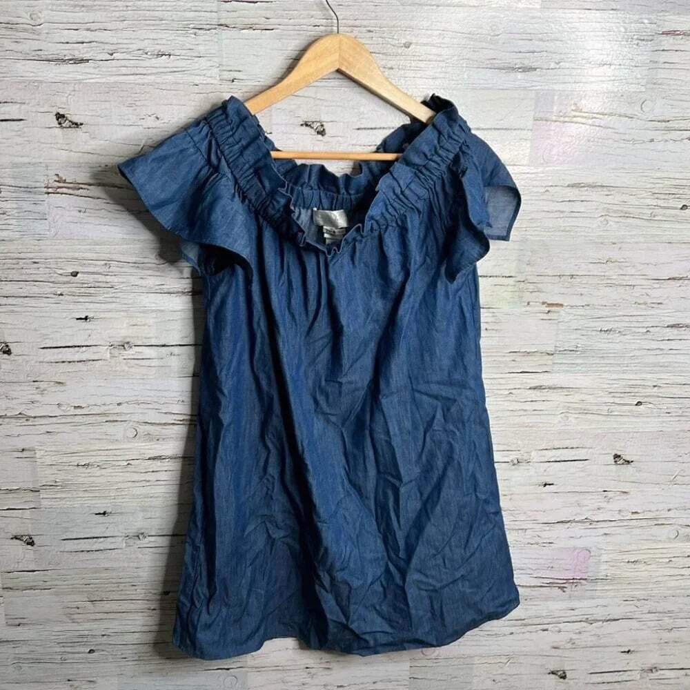 Corey Lynn calter Anthropologie denim  jean dress off the shoulder size small